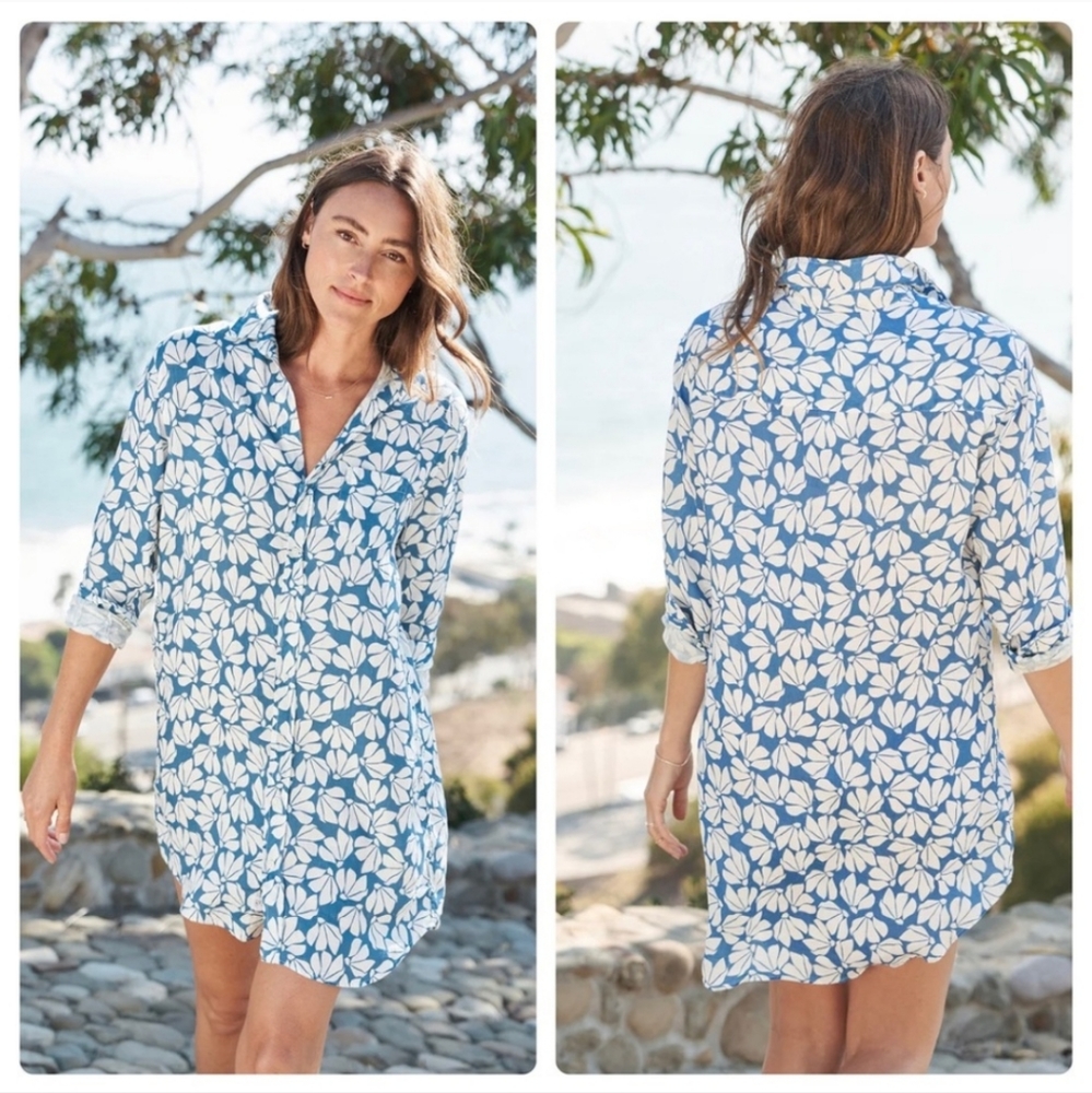 Frank & Eileen Mary Classic Linen Blue Floral Shirtdress SHORT SLEEVE Size XS